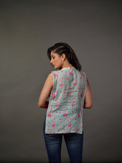 Linen Printed Top with Close Neck Media 5 of 7
