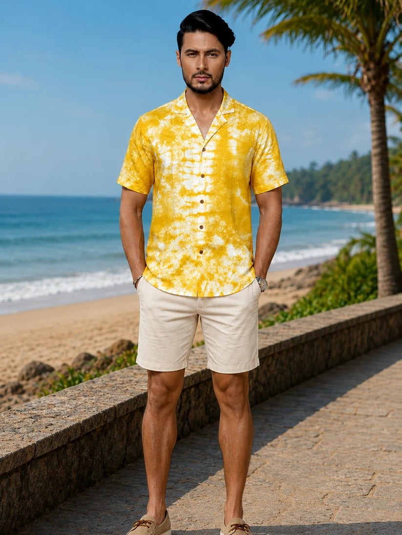 Linen Yellow Mens Tie Dye Shirt - Beach View