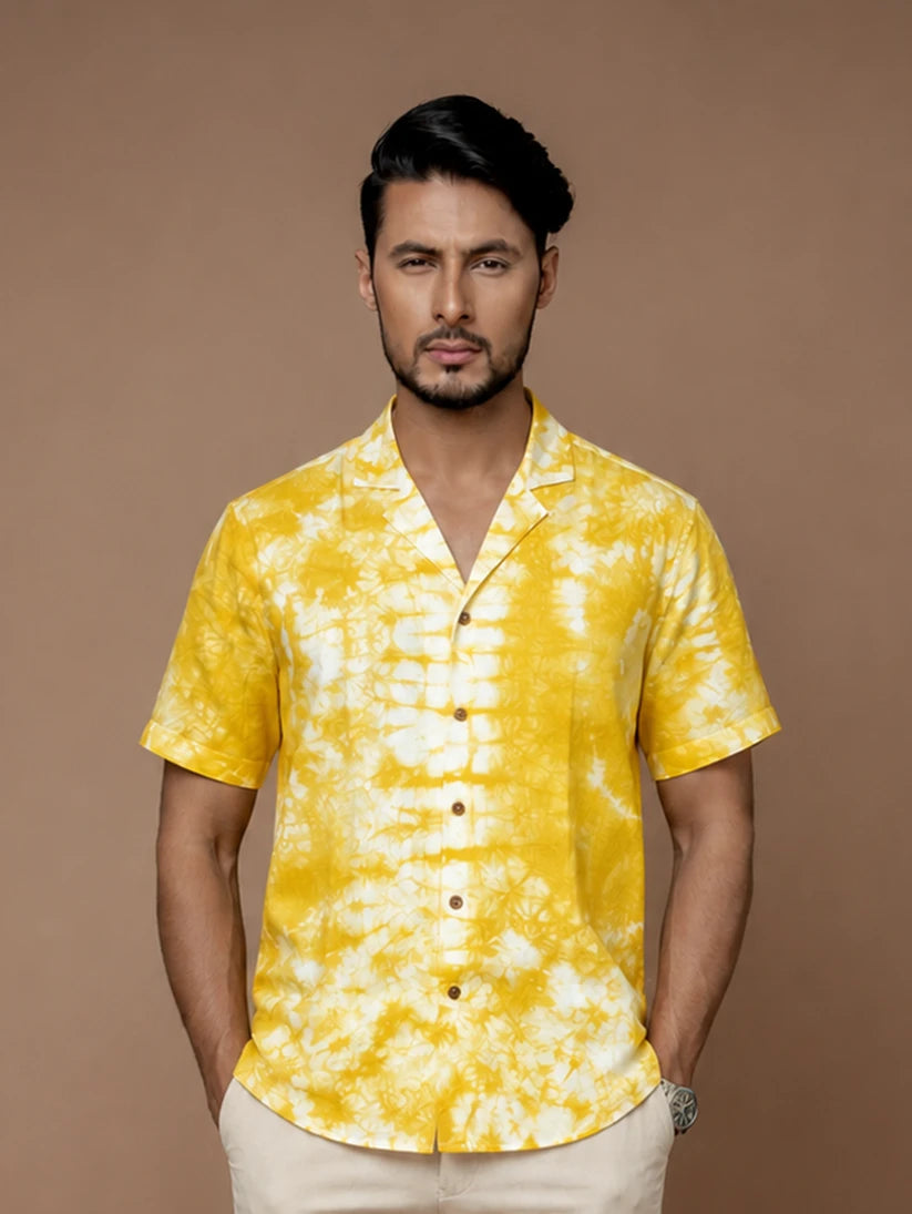Linen Yellow Mens Tie Dye Shirt - Frontside