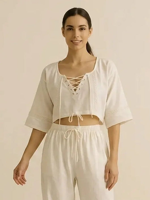 White Lace-Up Yoga Top for Women