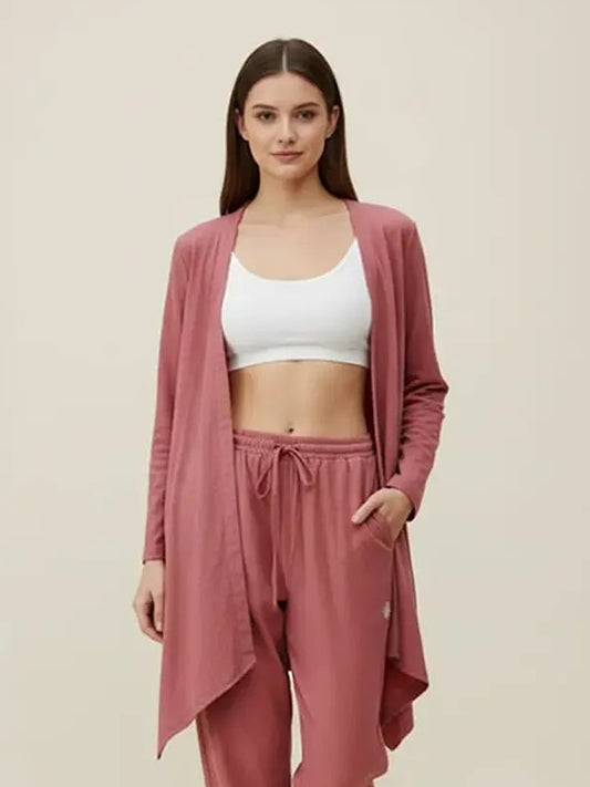 Woman with Dusty Rose Cotton Yoga Shrug
