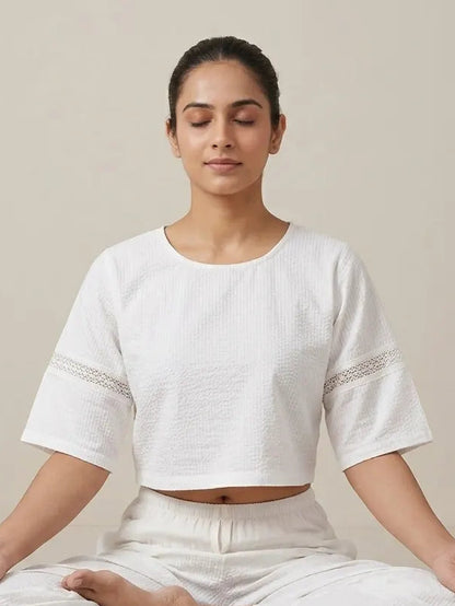 Woman Doing Yoga in Elbow Sleeve Yoga Top